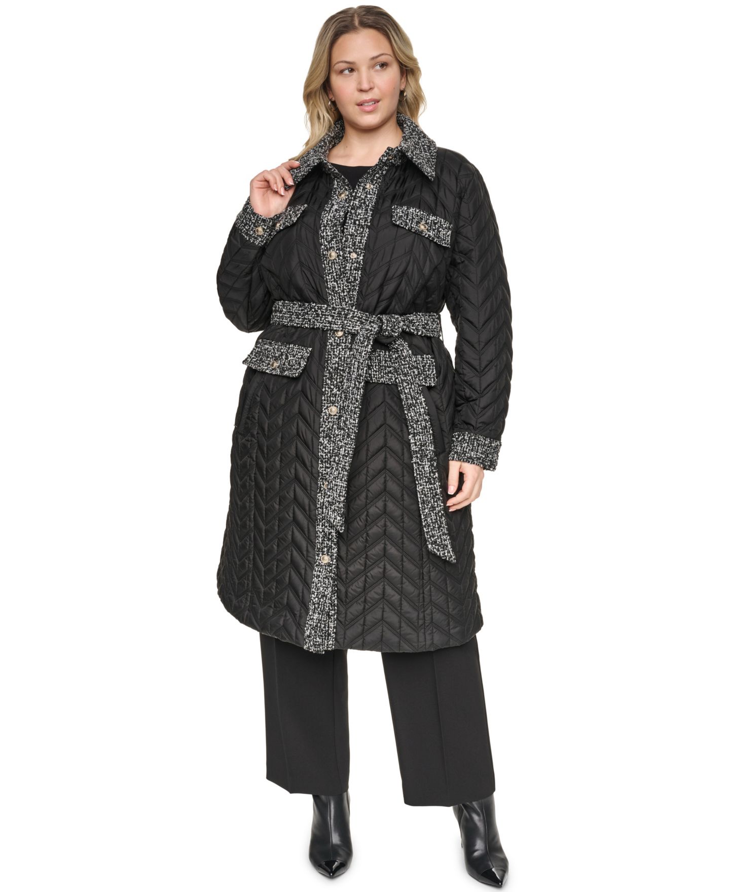 Женское пальто KARL LAGERFELD PARIS Plus Size Long Quilted Tweed-Trim, цвет: Чёрный — фото 2
