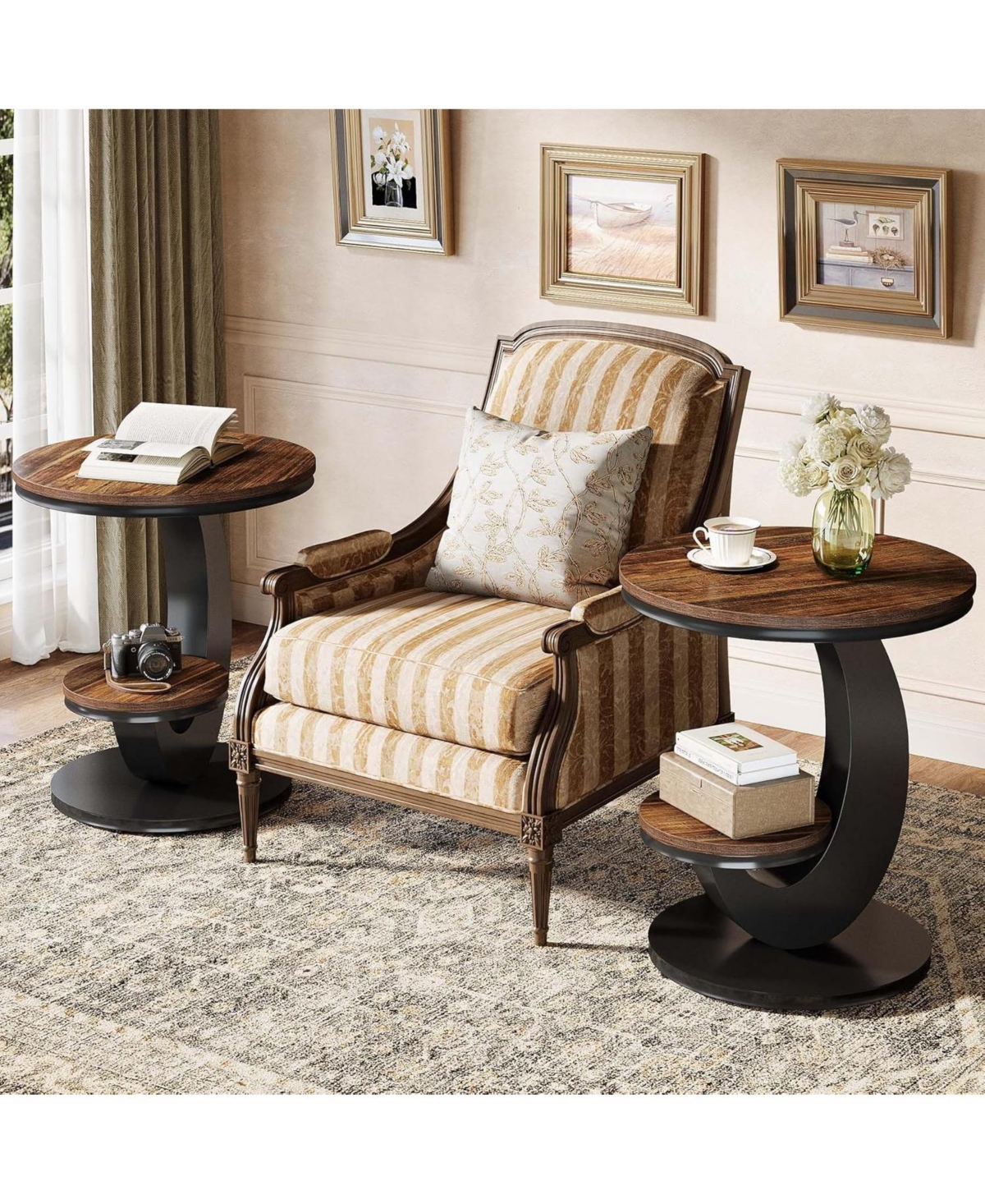 Tribesigns 2 Tiers Side Table, Round End Table with Storage Shelf, C-Shaped Frame for Small Spaces, Living Room pieces