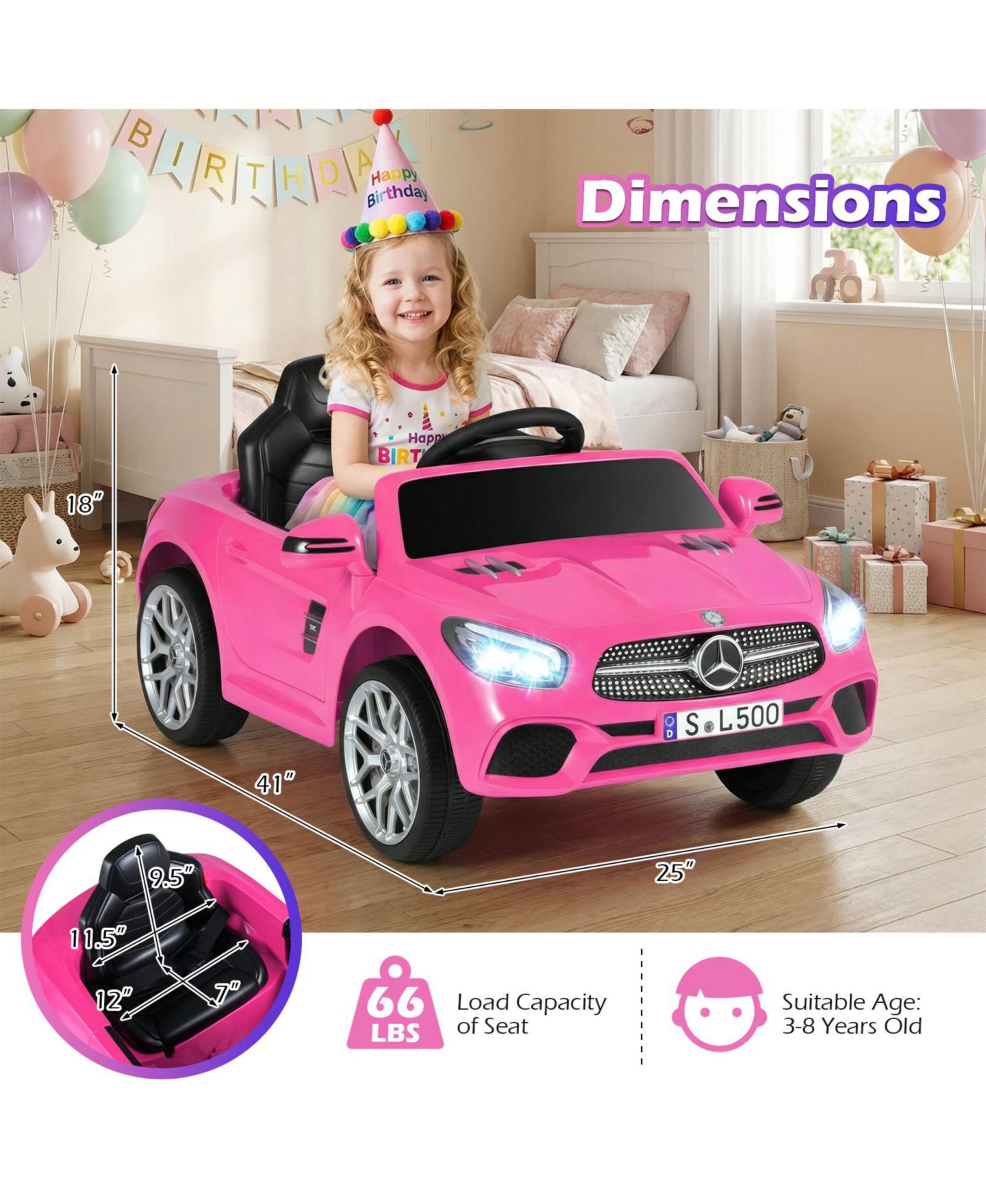 Детская игрушка Gymax Licensed Mercedes-Benz SL R231 12V Electric Remote-Control Ride-On Car, 66 lbs, Ages 3-8, цвет: Розовый — фото 3