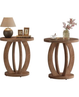 End Table Set of 2, Side Table with Round Tabletop, Wooden Accent Furniture