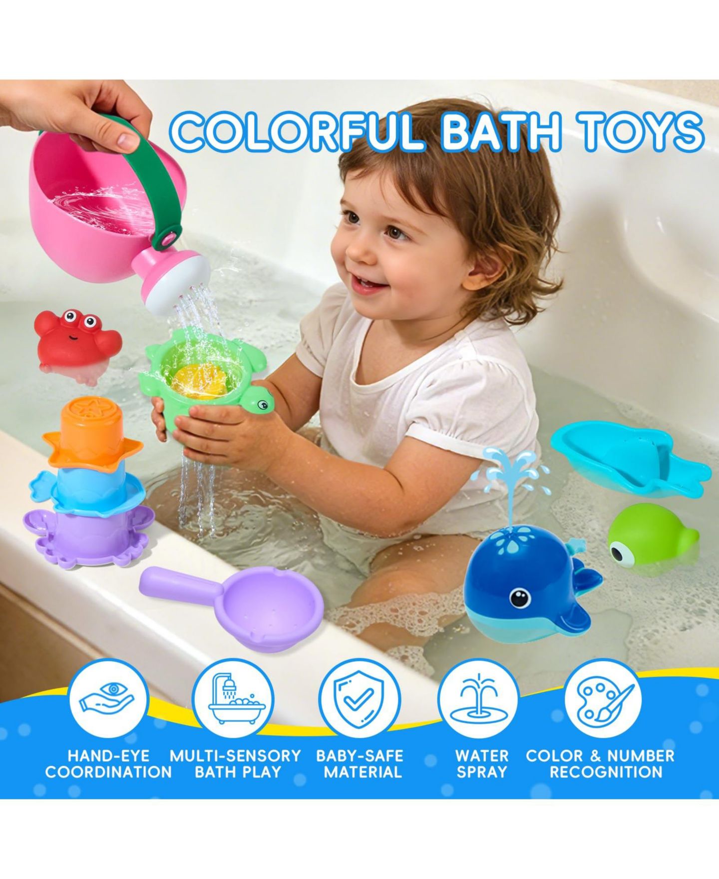 Детские игрушки GNUADZ Whale Sprayer 17-Piece Bath Toy Set, Ages 6 Months–4 Years, цвет: Разноцветный — фото 2