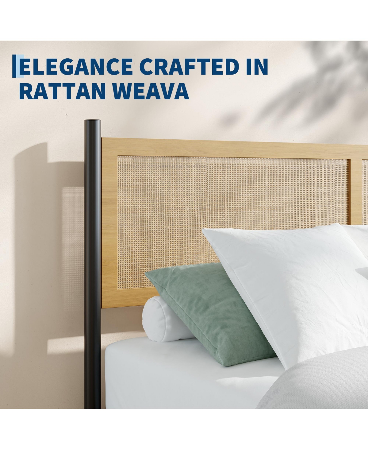Rattan Platform Bed Frame, Wood Headboard with Black Metal Legs and Under Bed Storage for Bedroom