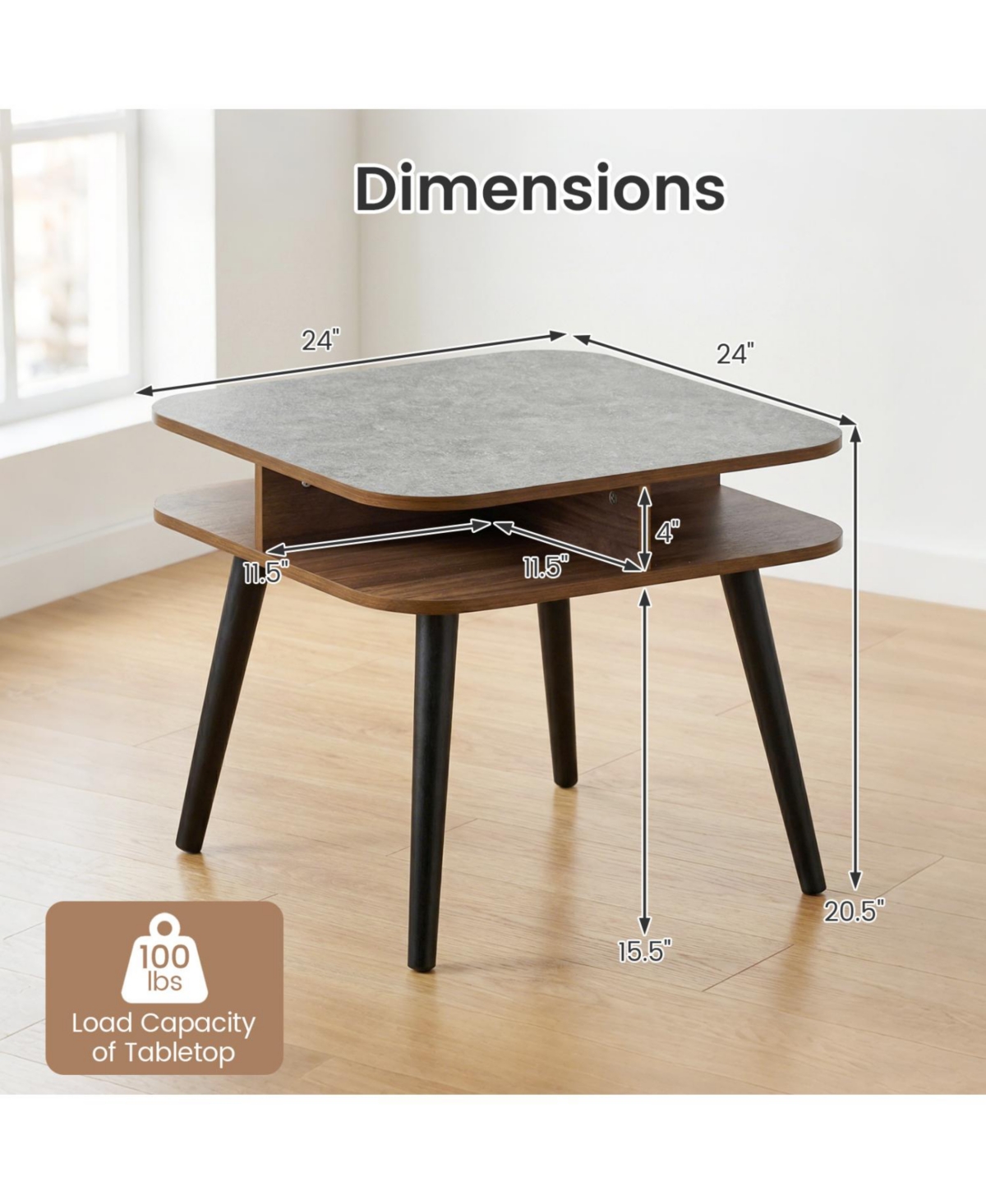 Slickblue Modern Side Table with Faux Marble Top, Storage Shelves and Wood Legs