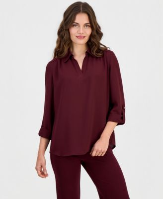 Petite V-Neck 3/4-Length Roll-Tab Sleeve Blouse