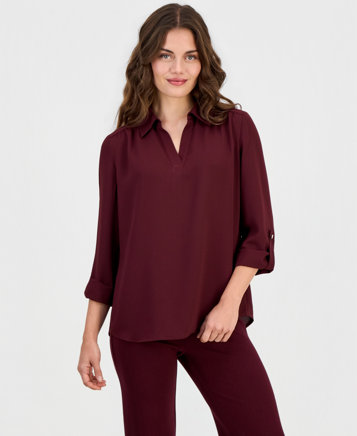 Anne Klein Essentials Petite V-Neck 3/4-Length Roll-Tab Sleeve Blouse