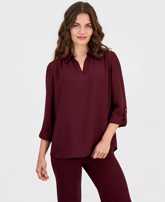 Petite V-Neck 3/4-Length Roll-Tab Sleeve Blouse