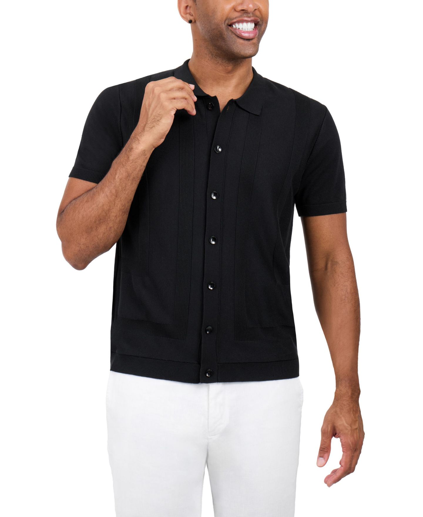 Мужской свитер SPRING + MERCER Classic Ribbed Texture Polo Sweater Shirt, цвет: Чёрный — фото 4