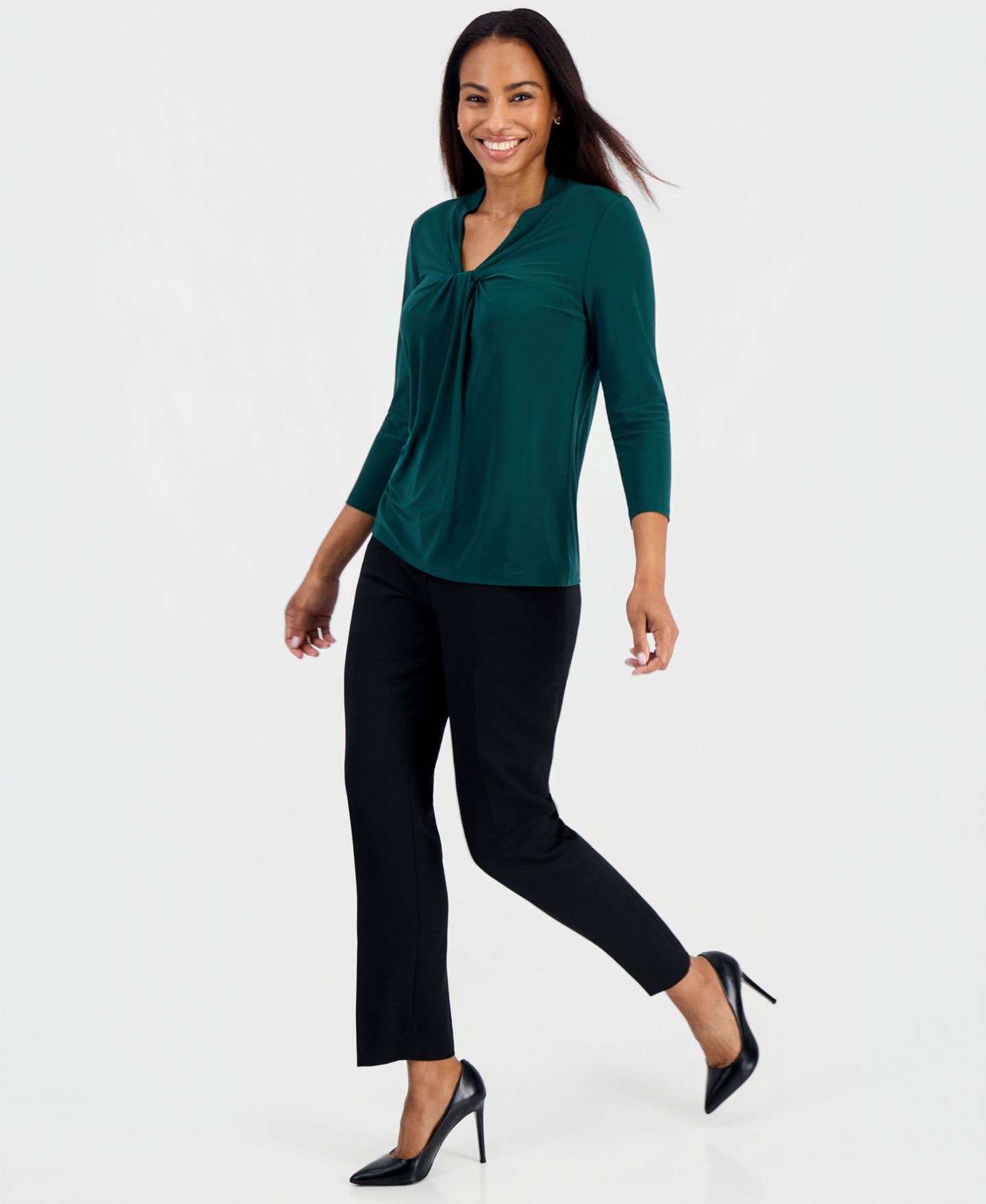 Женская блузка Kasper 3/4-Sleeve Knot-Front V-Neck Blouse, цвет: Вечнозелёный — фото 2