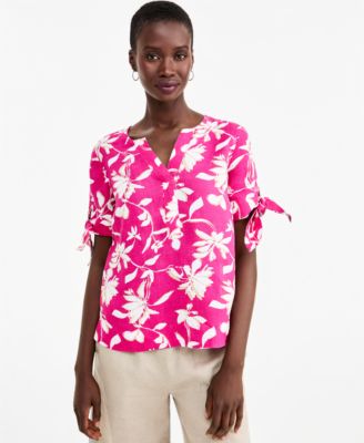 Women's 100% Linen Split-Neck Tie-Cuff Top