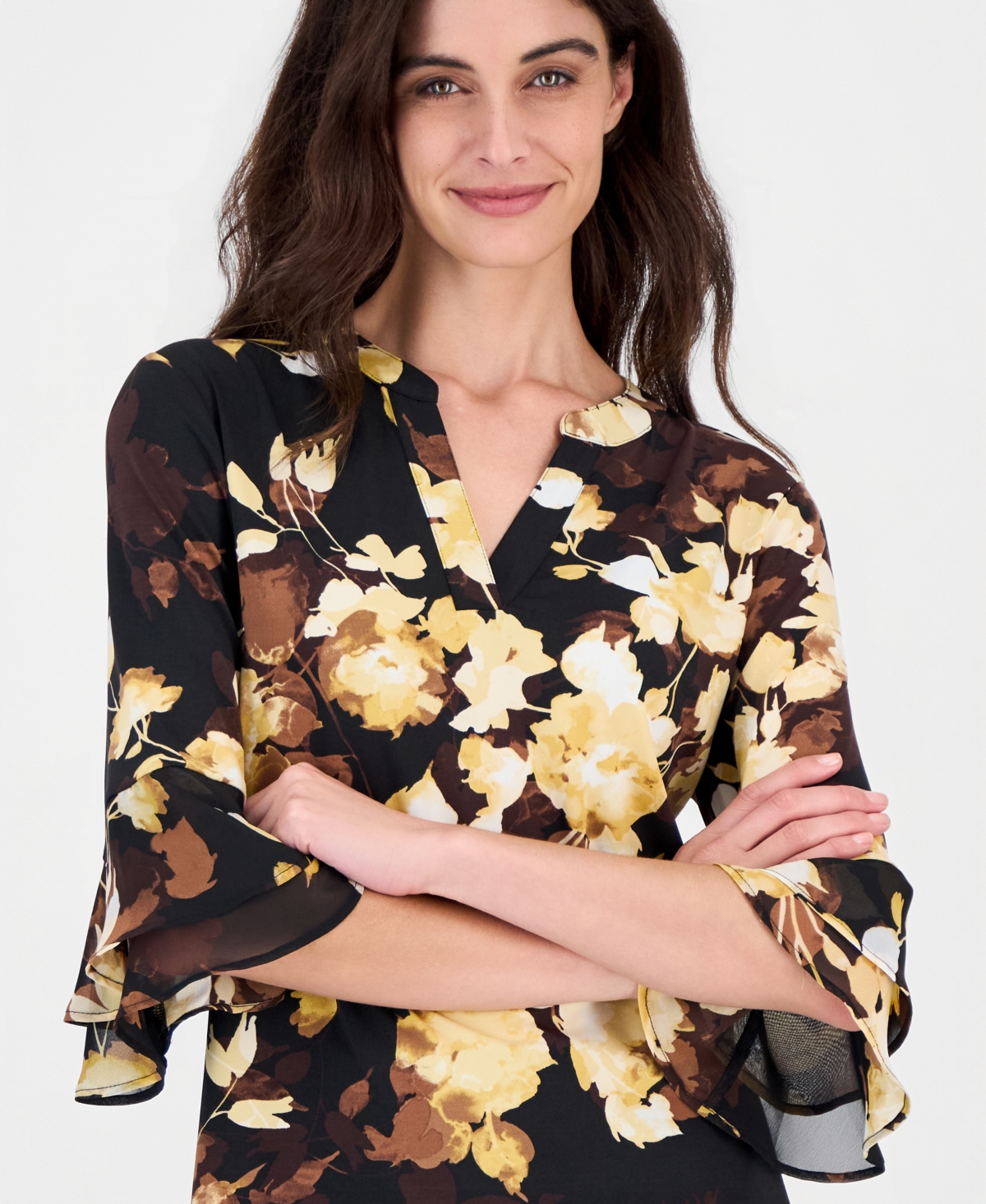 Kasper Petite Floral-Print Split-Neck 3/4 Flutter-Sleeve Tunic