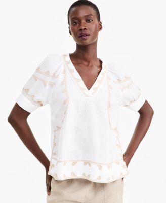 Women's Linen Puff-Sleeve Embroidered Blouse