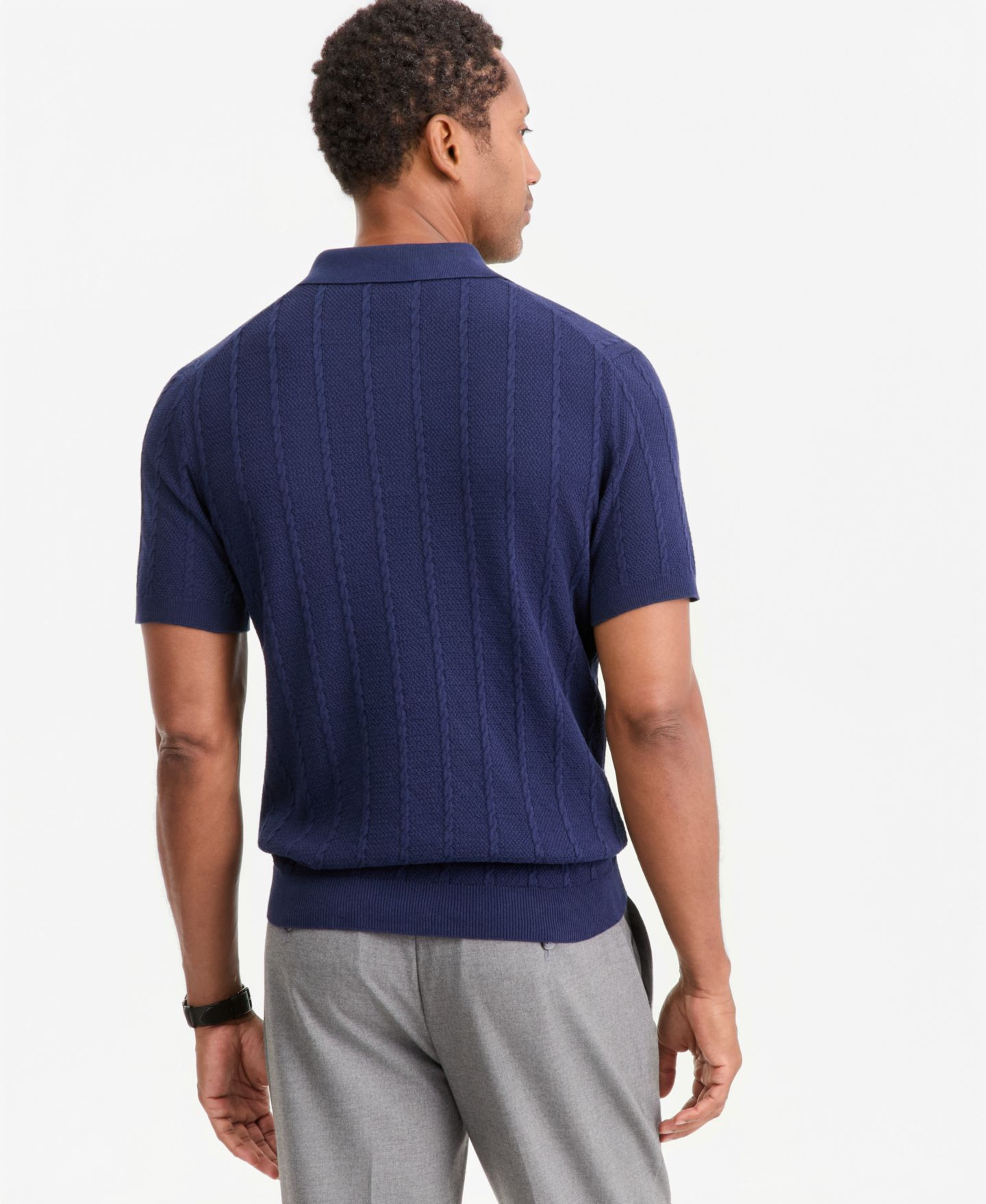 Мужской свитер Club Room Cable-Knit Polo Short-Sleeve Sweater, цвет: Тёмно-синий — фото 2