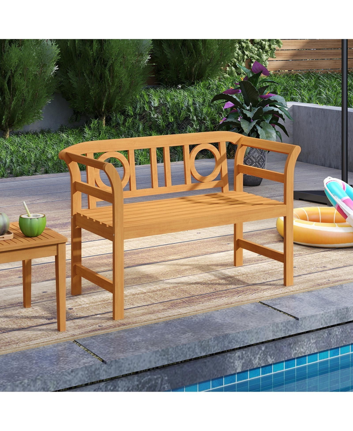 Slickblue 2-Person Patio Loveseat with Acacia Wood Frame, Backrest and Armrests