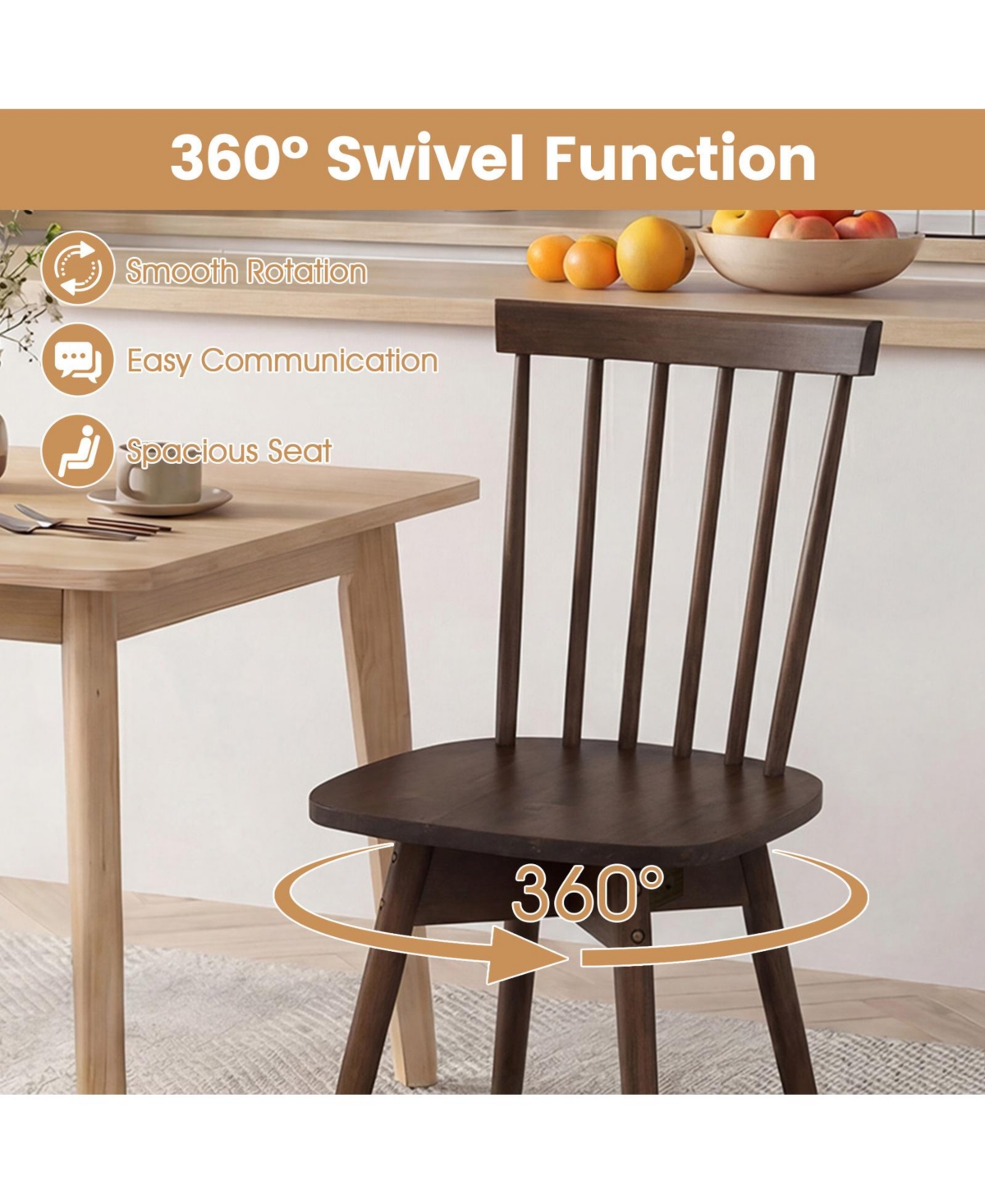 Gymax Dining Chairs Set of 2 Mid Century Rubber Wood Kitchen Swivel Seat Walnut
