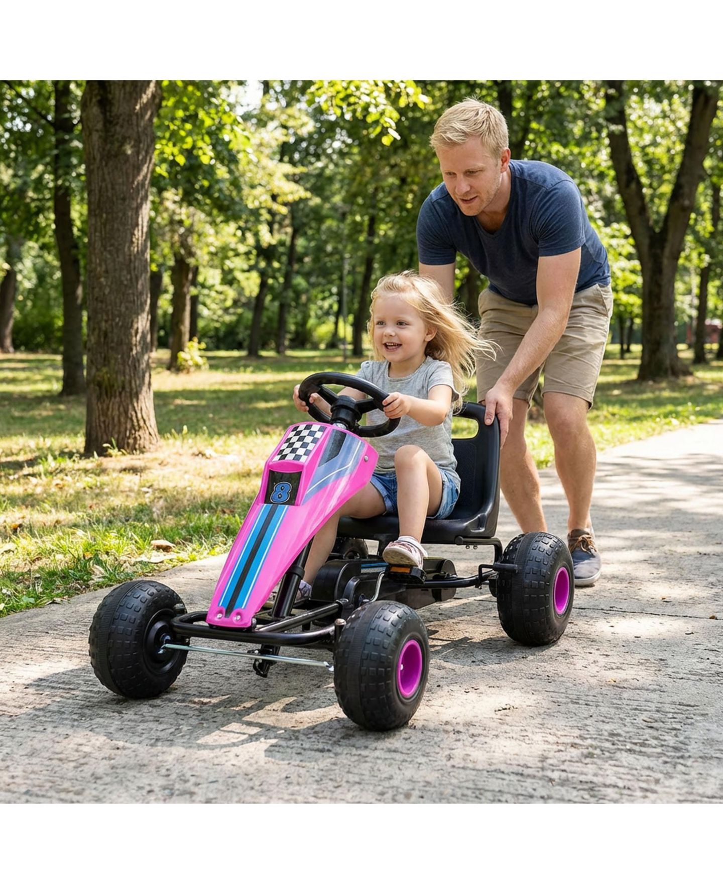 Детская игрушка Gymax 4-Wheel Pedal Go Kart with Steering Wheel, от 3 лет, цвет: Розовый — фото 2