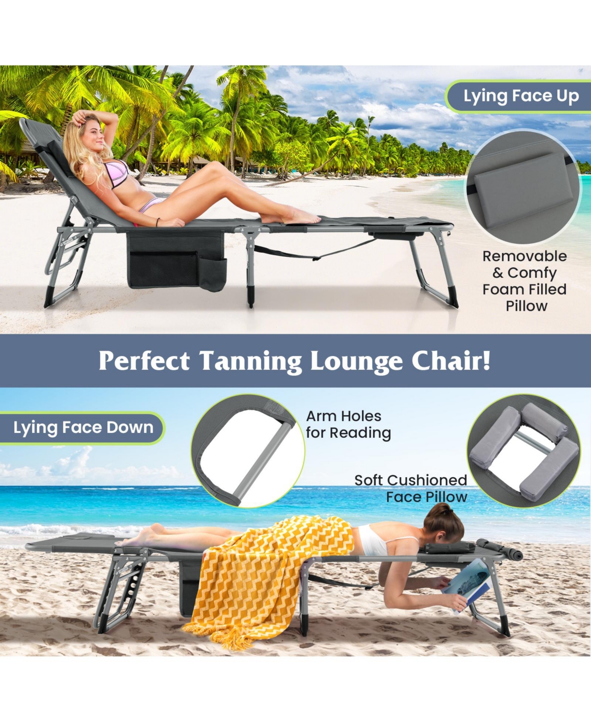 Gymax Outdoor Folding Chaise 5-Position Lounge Chair with Face Hole and Adjustable Footrest