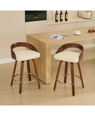 Bar Stools Set of 2, Swivel Bar Height Stools with Low Back, Wood Bar Chairs with Soft Cushion Seat, 25-Inch Seat Height