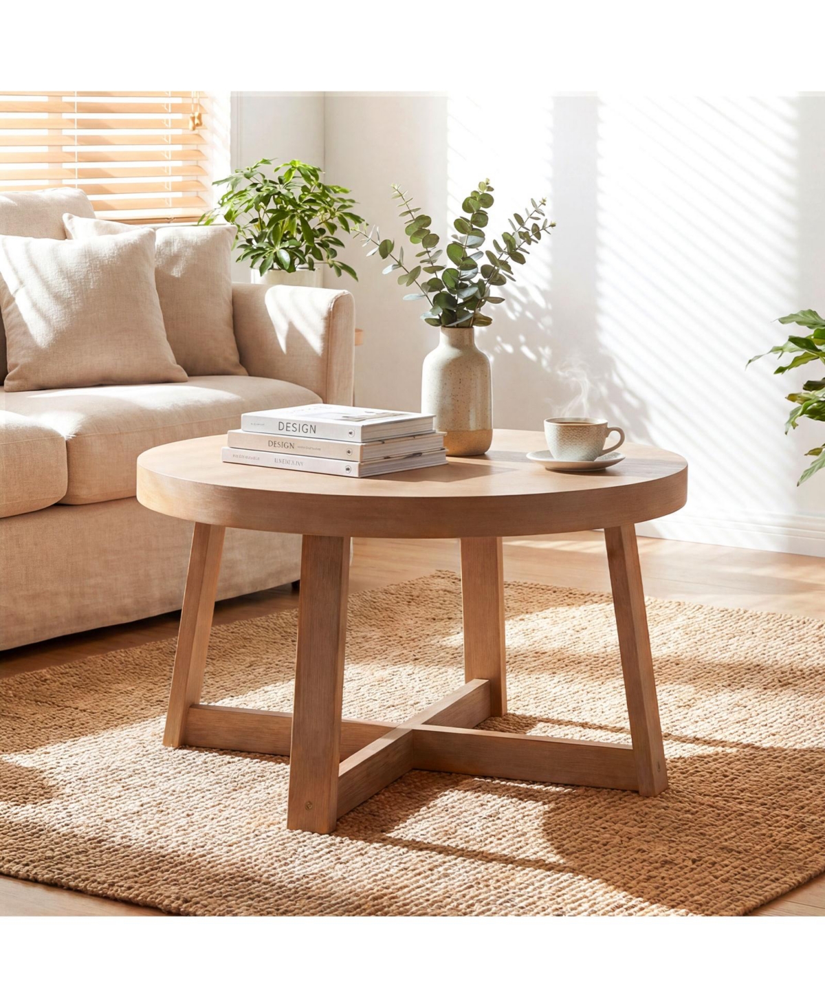Gymax 30'' Round Coffee Table with Solid Wood Cross-Shaped Base.Farmhouse Accent Tea Table