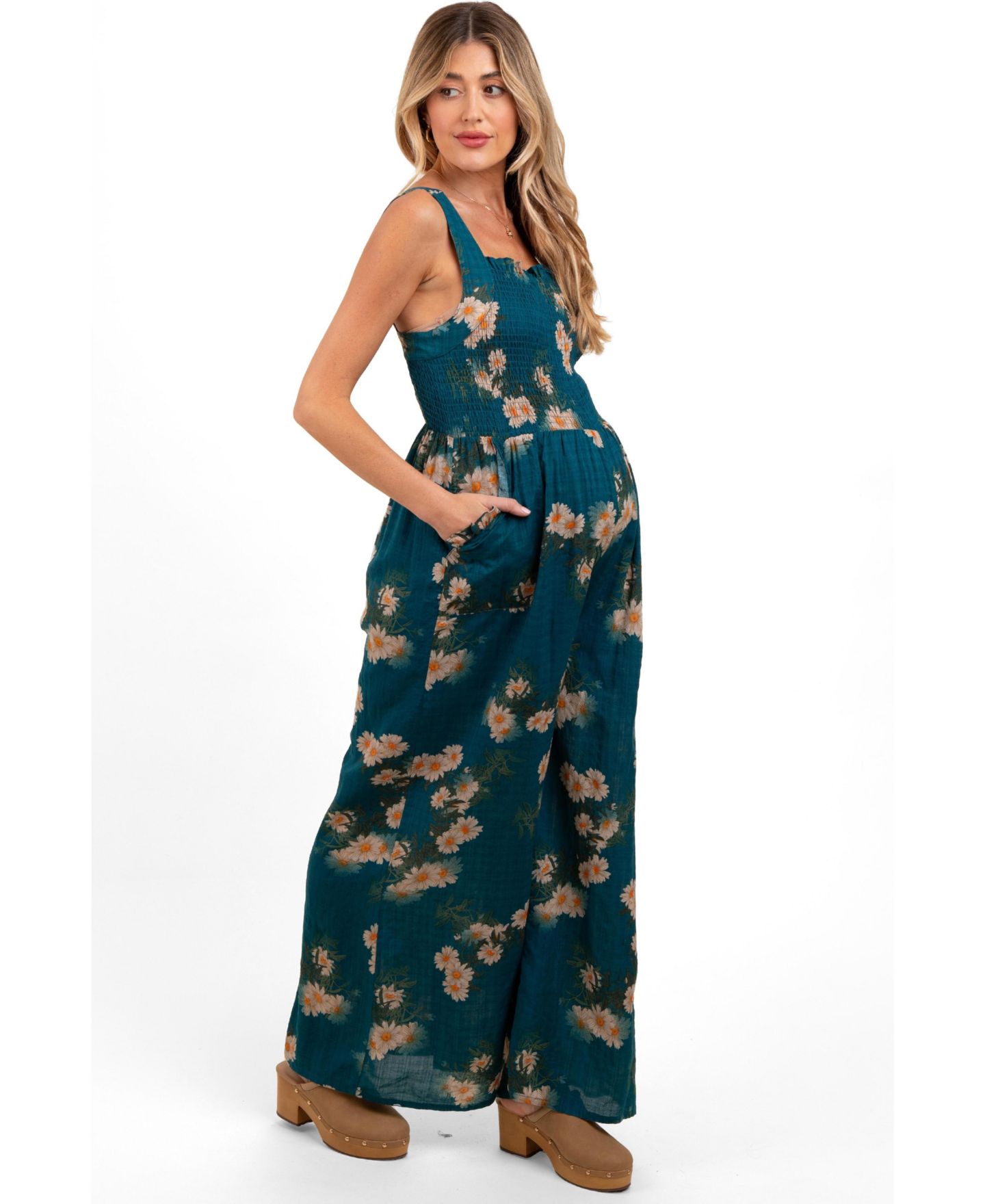 Женский комбинезон Pinkblush Maternity Teal Floral Smocked Jumpsuit, цвет: Тёмный бирюзовый — фото 2