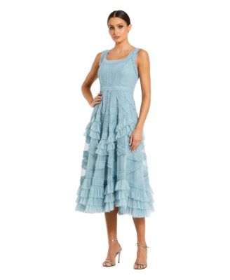Petite Scoop Neck Sleeveless Mesh Micro Ruffle Midi Dress