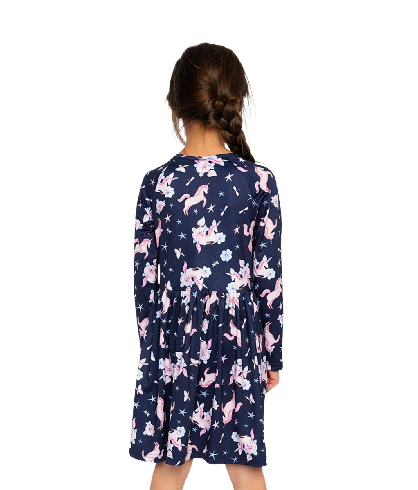 Платье Deux par Deux Long Sleeve Unicorn Print Dress для девочек, цвет: Тёмно-синий с принтом — фото 4