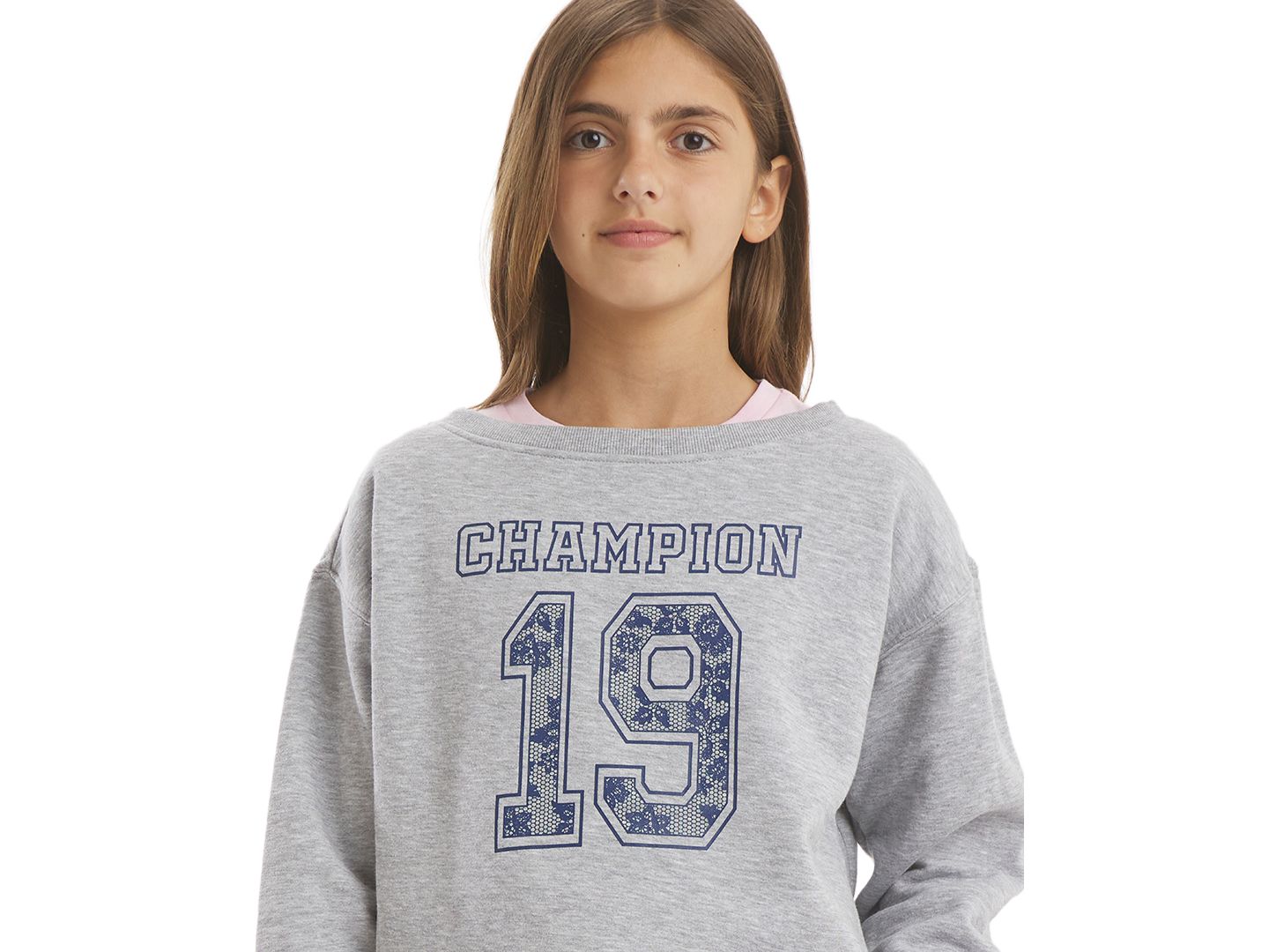 Толстовка Champion Crewneck Graphic Sweatshirt для девочек, цвет: Серый меланжевый — фото 3