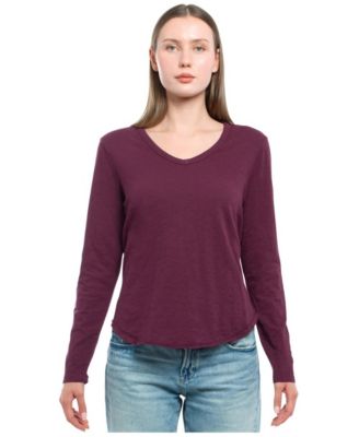 Women's Long Sleeve V-Neck Raw Hem Shirttail Tee