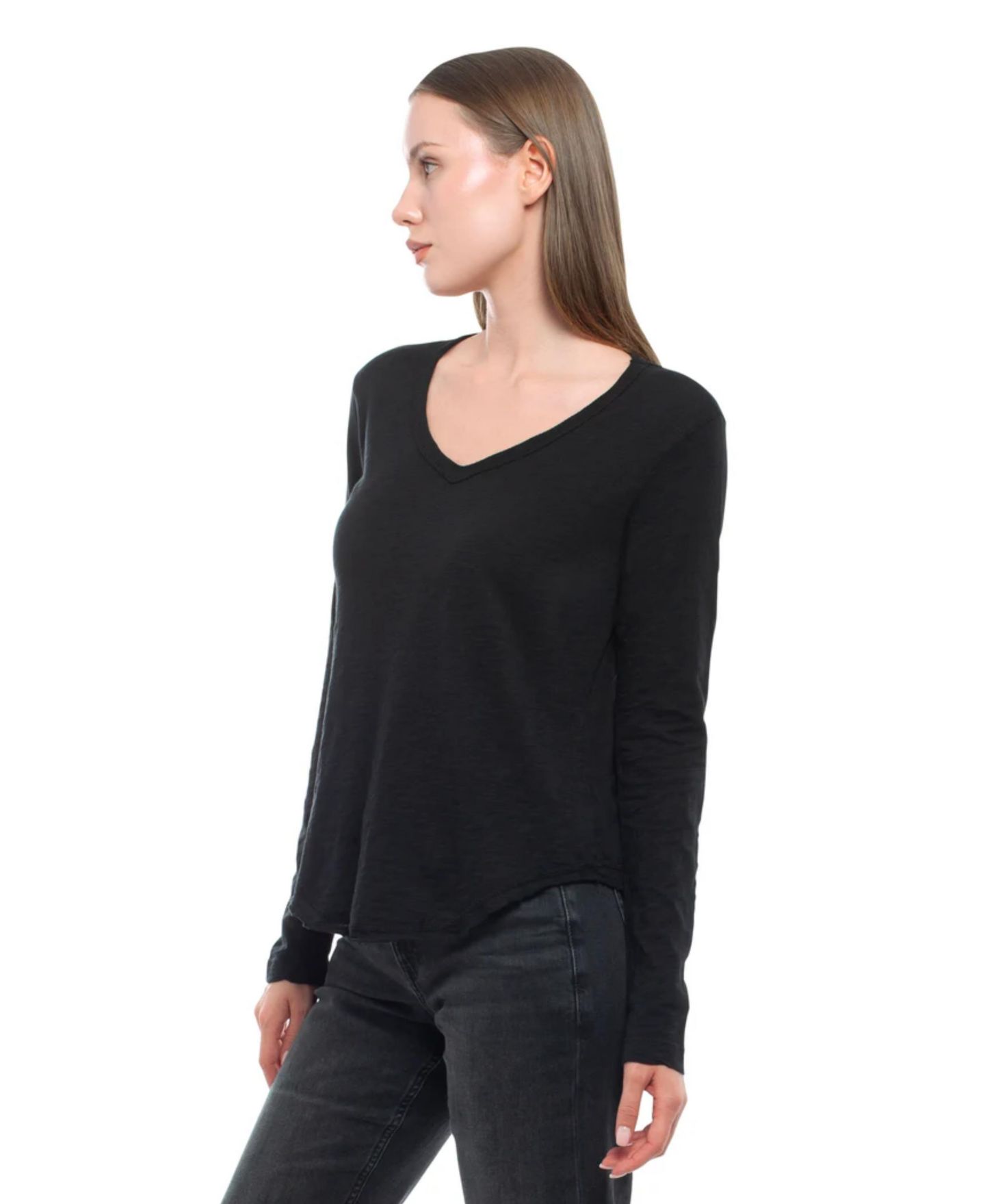 Женская футболка WILT Long Sleeve V-Neck Raw Hem Shirttail, цвет: Чёрный — фото 4