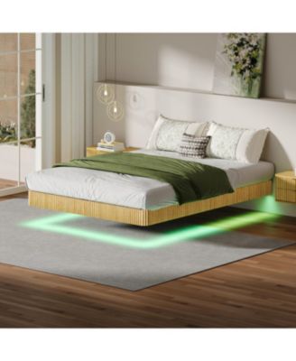 Floating Bed Frame with LED Lights, Fluted Wave Curve Wood Floating Bed Frame, with Heavy Duty Metal Slats - No Box Spring Needed