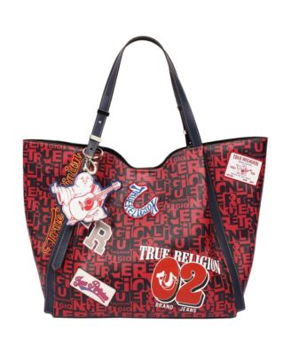 Women's Multi Patch Graphic Tote Bag with Buddha Charm and Adjustable Shoulder Straps