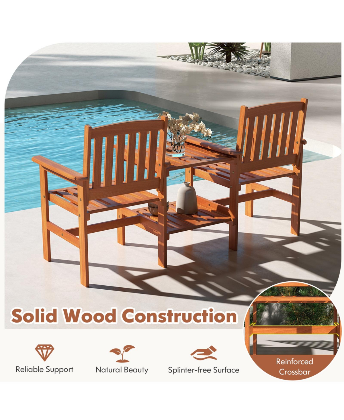 Gymax Outdoor Wood Bench Loveseat with Built-in Table 1.57'' Umbrella Hole for Porch