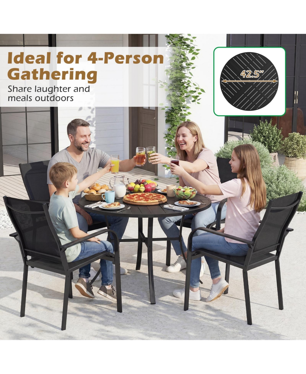 Gymax Patio Dining Table 42.5'' Round Metal Slat Table with Umbrella Hole Outdoor
