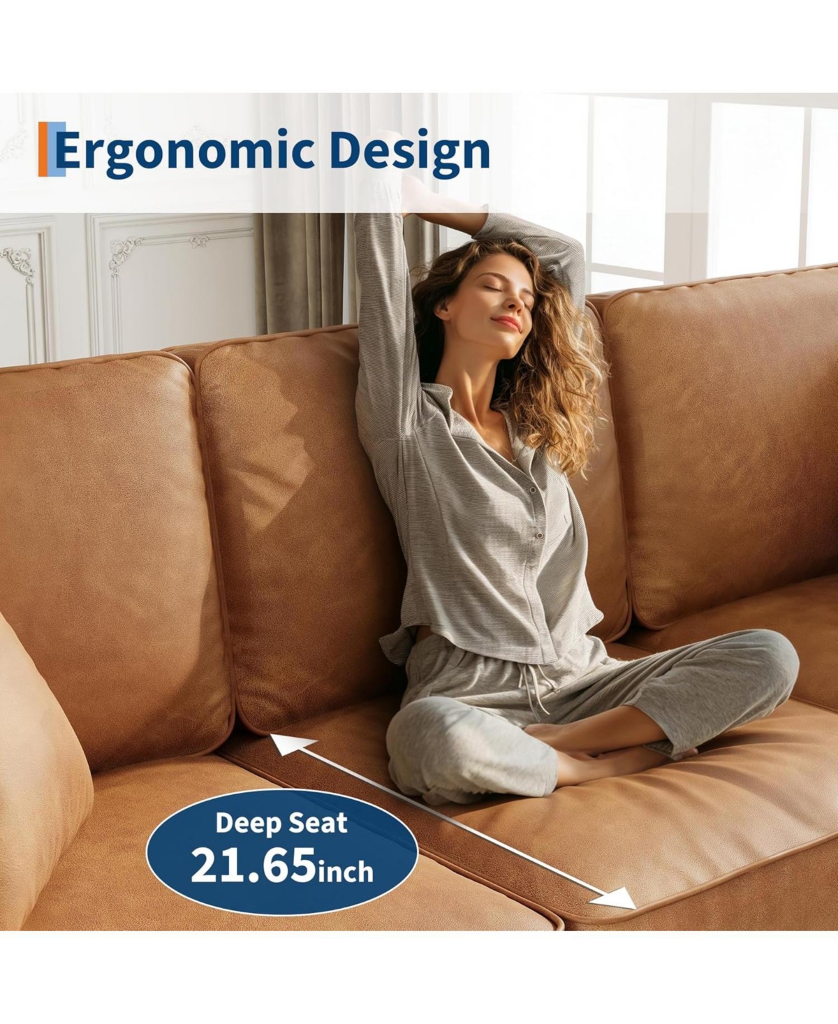 gaomon 85 Inches 3-Seater Sofa Couch with 2 Throw Pillows, Faux Leather Couch with Wide Armrests, Wood Legs, Deep Seats, Back Cushion