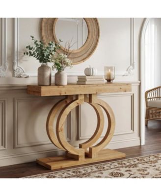 Solid Wood Console Table, 43.3" Natural Wood Entryway Table with Artistic Double-Circle Base, Narrow Sofa Accent Table