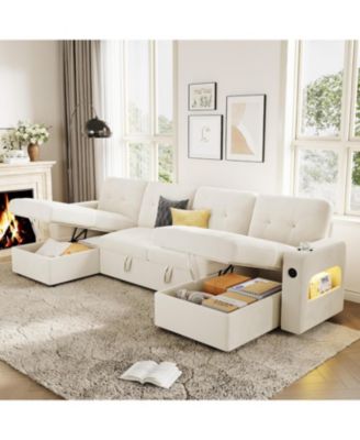 Modular Sofa with Storage, 107" Sleeper Sofa Bed Sectional Cloud Couch, U-Shaped Velvet Fabric Couch with USB Charging and Cup Holder