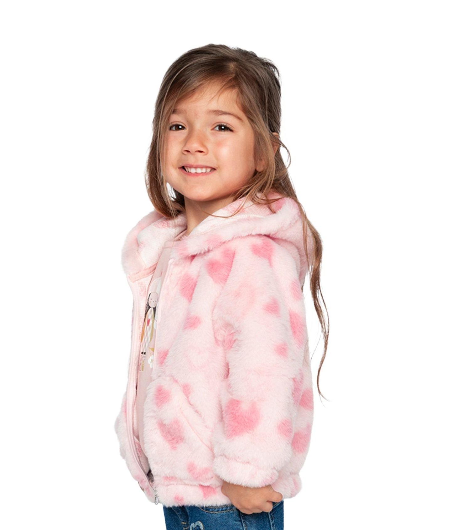 Куртка Deux par Deux Hooded Full Zip Faux Fur Jacket Printed with Hearts для девочек-малышей, цвет: Розовый — фото 4