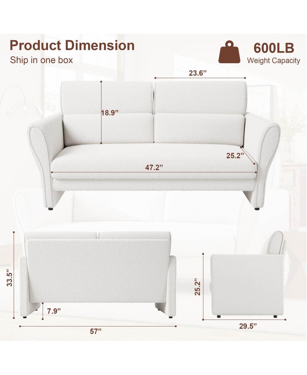 homfan 57" Boucle Loveseat Sofa, Small 2-Seater Couch with High Backrest, Removable Lumbar Pillows, Easy Assembly