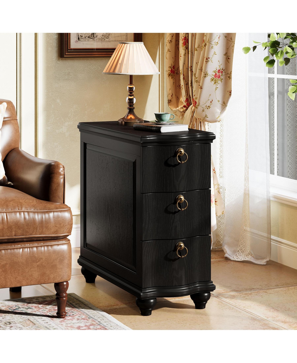Tribesigns Wood Fully Assembled End Table, 3-Drawers Narrow Slim Side No Assembly Required, Nightstand