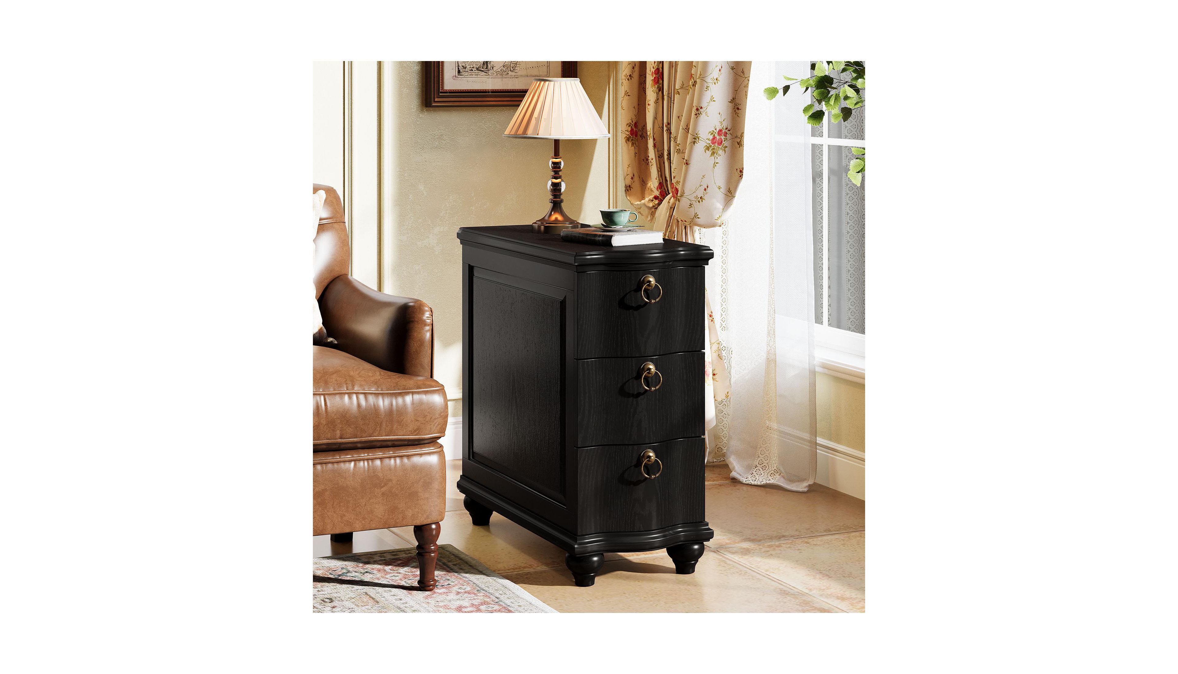 Tribesigns Wood Fully Assembled End Table, 3-Drawers Narrow Slim Side No Assembly Required, Nightstand