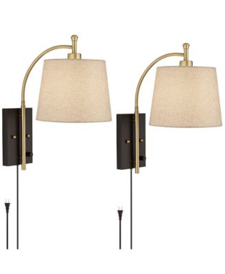 Chester Modern Swing Arm Wall Lamps Set of 2 Brass Plug-in Light Fixture Tan Drum Shade for Bedroom Bedside Living Room Reading