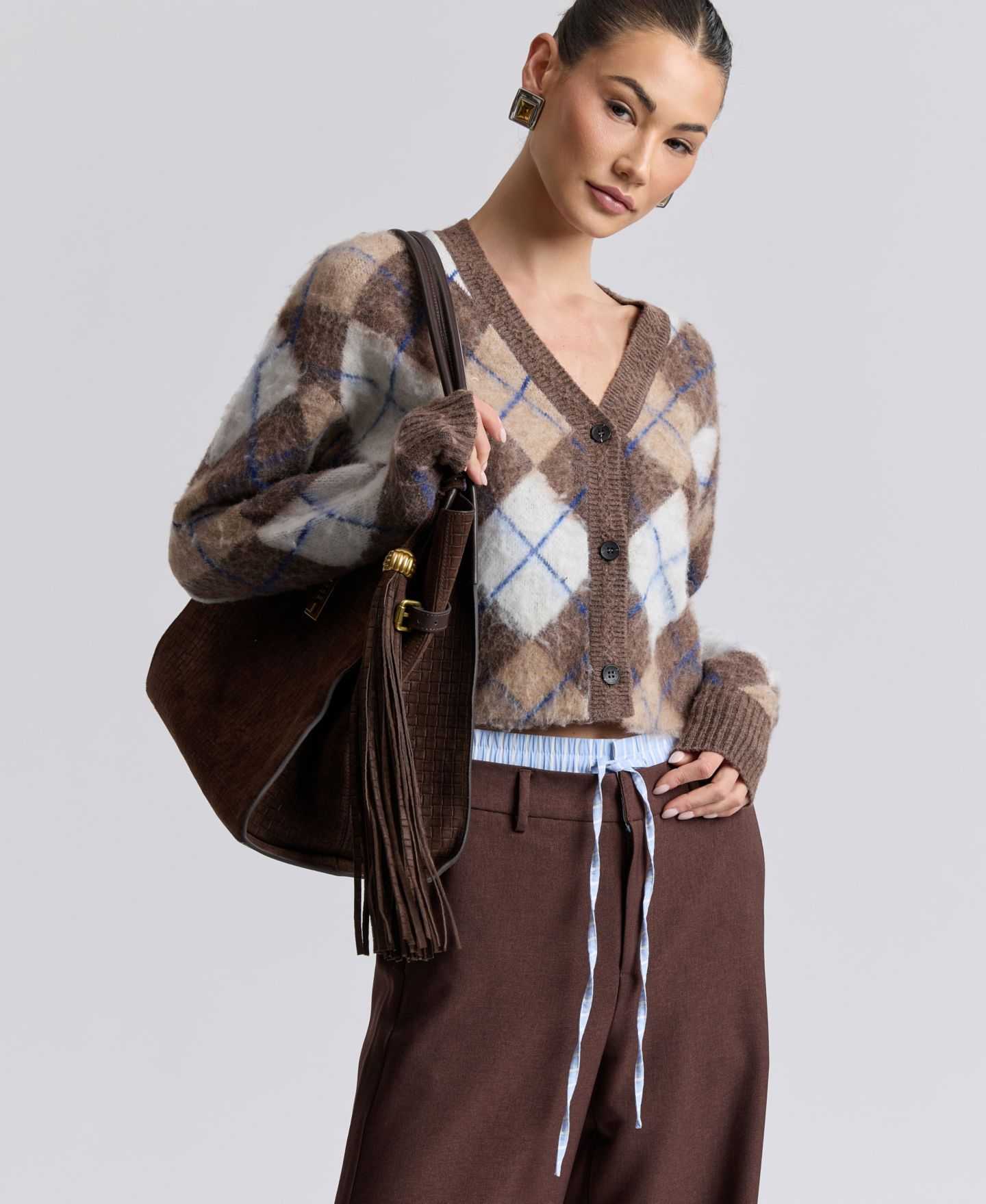 Женский кардиган Avec Les Filles Argyle Jacquard, цвет: Коричневый с ромбами — фото 7
