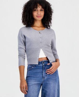 Juniors' Drop Shoulder High Rib Crewneck Cardigan