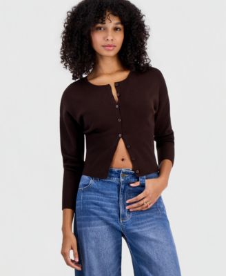 Juniors' Drop Shoulder High Rib Crewneck Cardigan