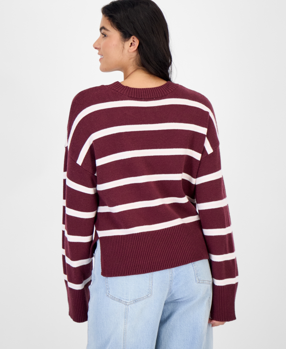 Hippie Rose Juniors' Striped Drop-Shoulder Crewneck Pullover Sweater