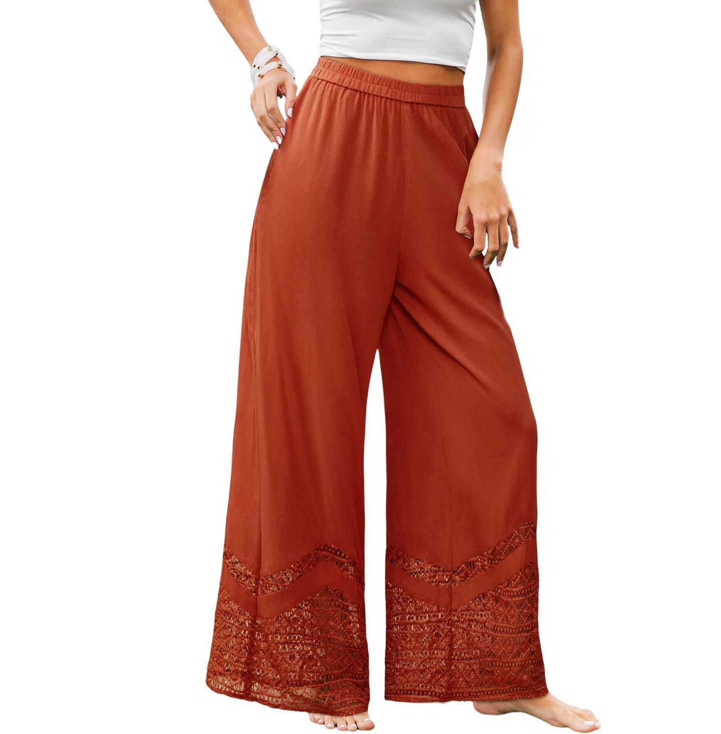 Женские брюки Cupshe Rust Elastic Waist Lace Trim Wide Leg, цвет: Коричневый — фото 1