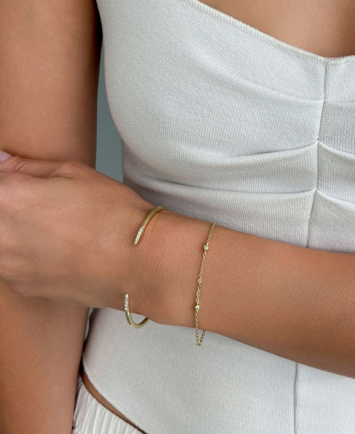 Adornia Gold Cubic Zirconia Set of 2 Open Cuff and Station Bracelet