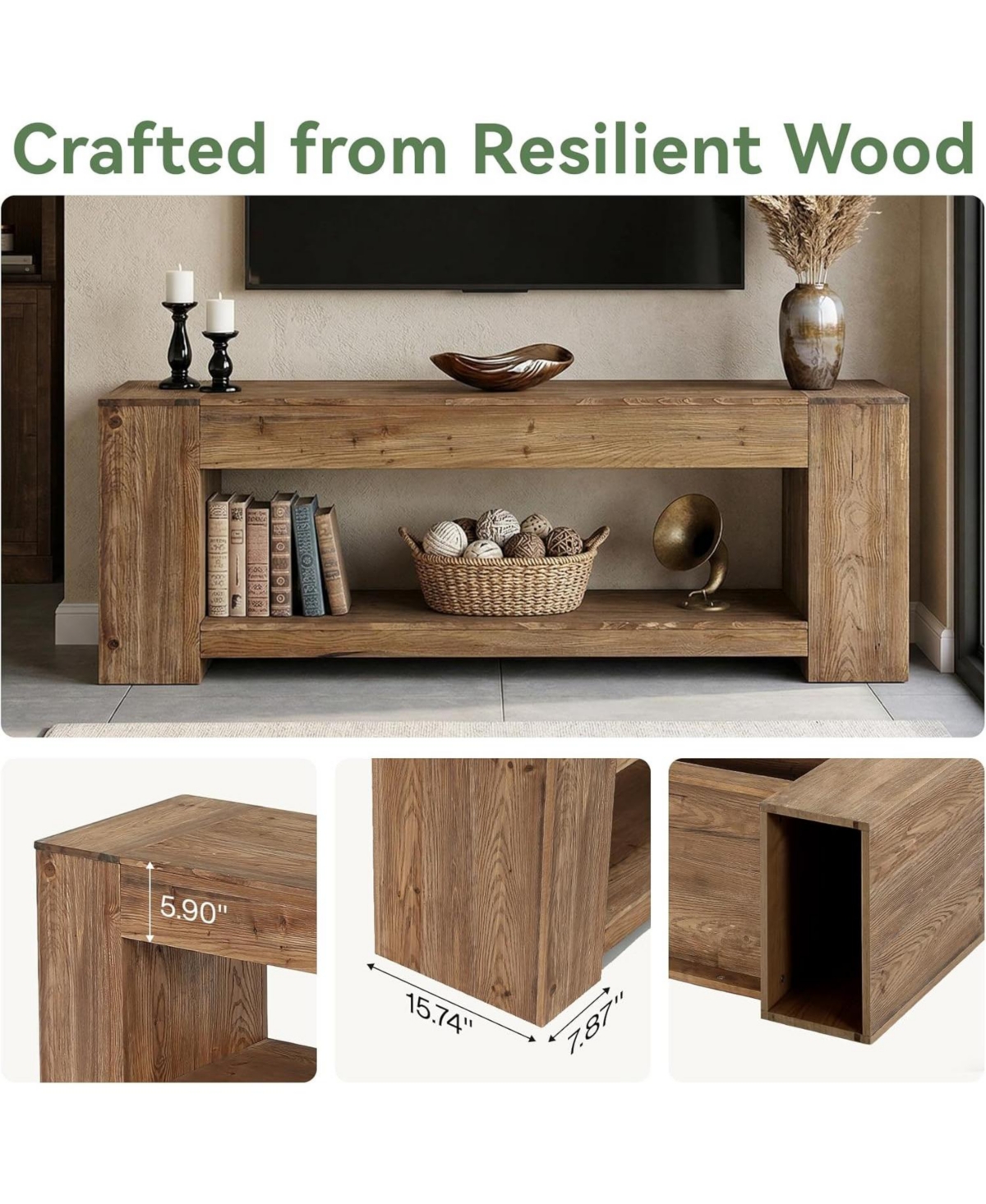 Tribesigns 63" Solid Wood Tv Stand for TVs up to 75 Inches, Farmhouse Long Entertainment Center with Open Storage Shelf