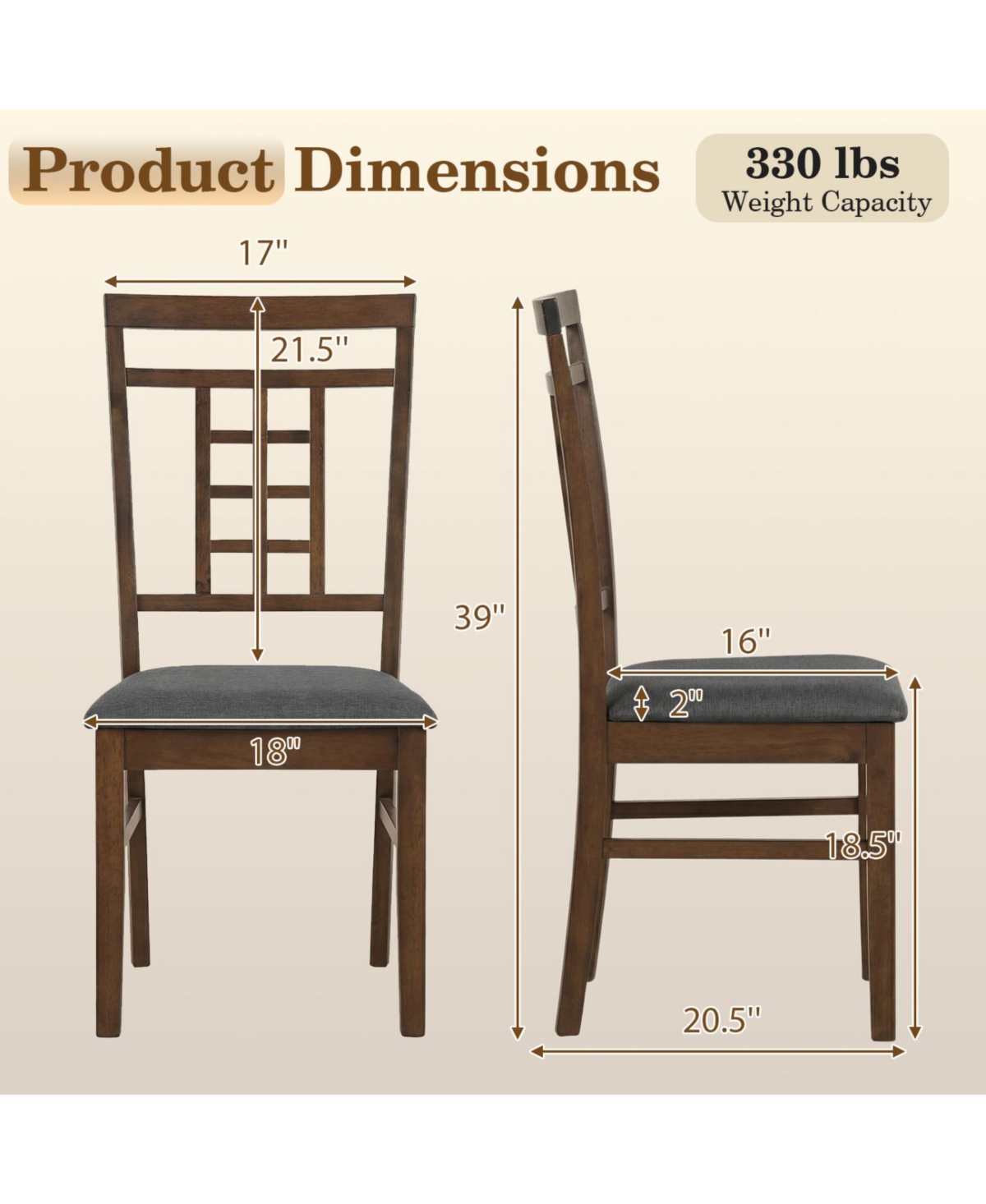 Slickblue Set of 2 Rubber Wood Dining Chairs with Lattice Backrest