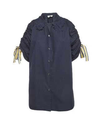 Women's Embroidered Collar Ruched Sleeve Cotton Shirt