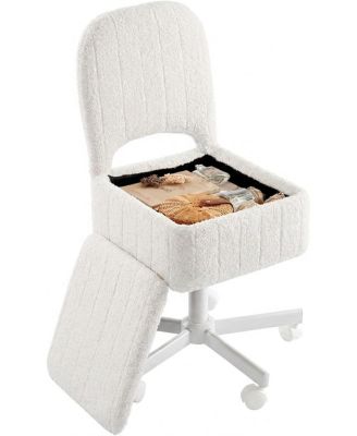 Large Vanity Stool Chair with Storage and Folding Back, Height Adjustable Lift Ottoman Swivel and Quiet Wheels, Soft Fleece Stool